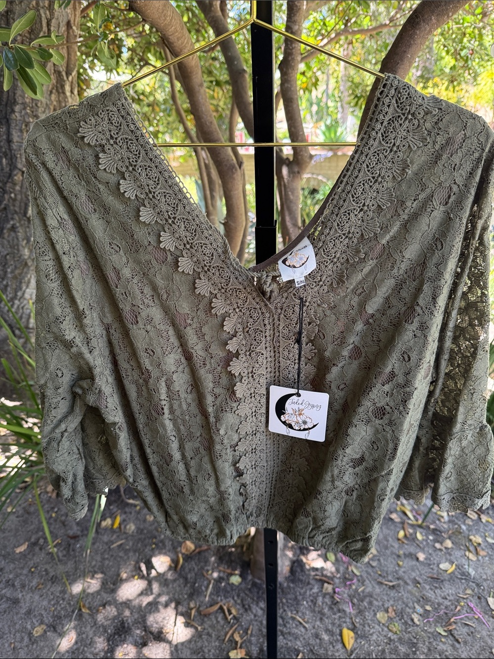 Floral Lace V-Neck Blouse in Olive Green - Chic Story